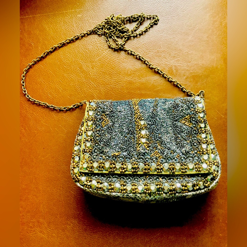 Deepa Gurnani beaded leather snakeskin crossbody bag.
